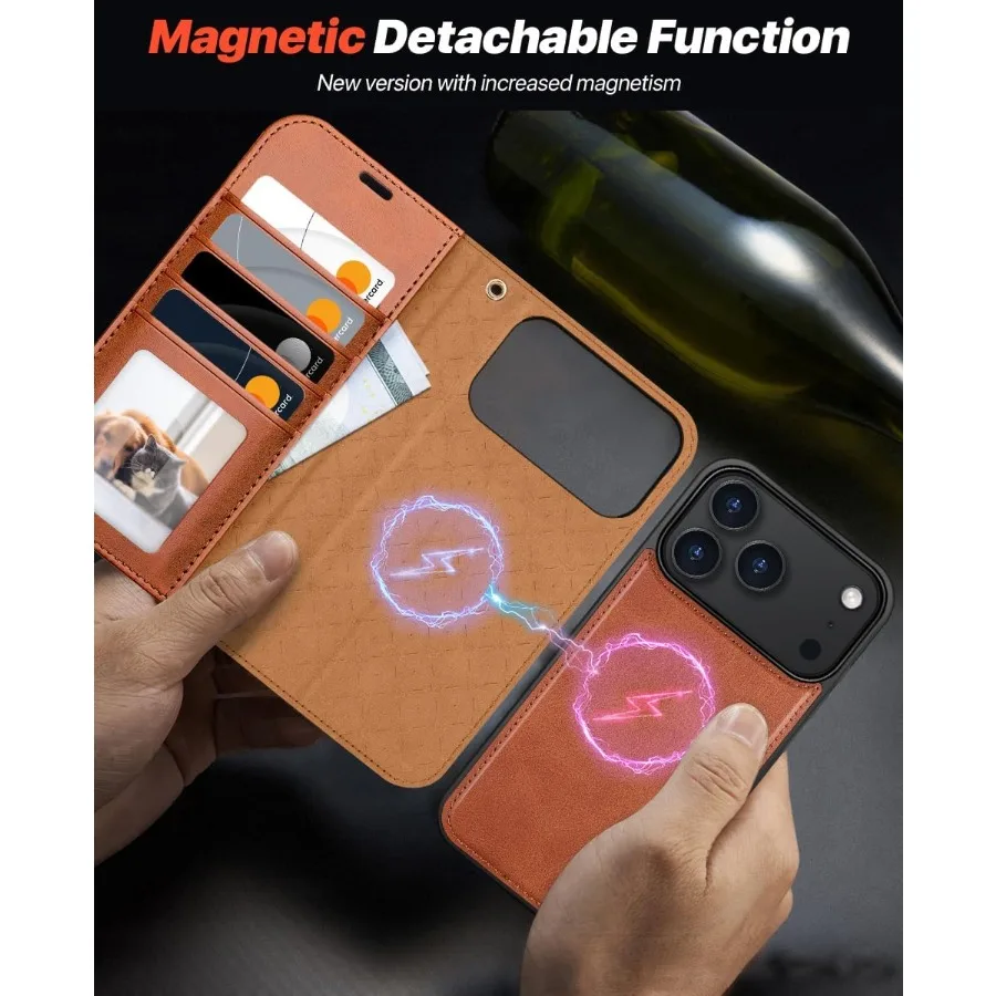 حافظة محفظة قابلة للفصل لهاتف آيفون 17 برو ماكس مع حامل بطاقة 2 في 1 من جلد البولي يوريثان مع حامل حجب RFID وحزام معصم