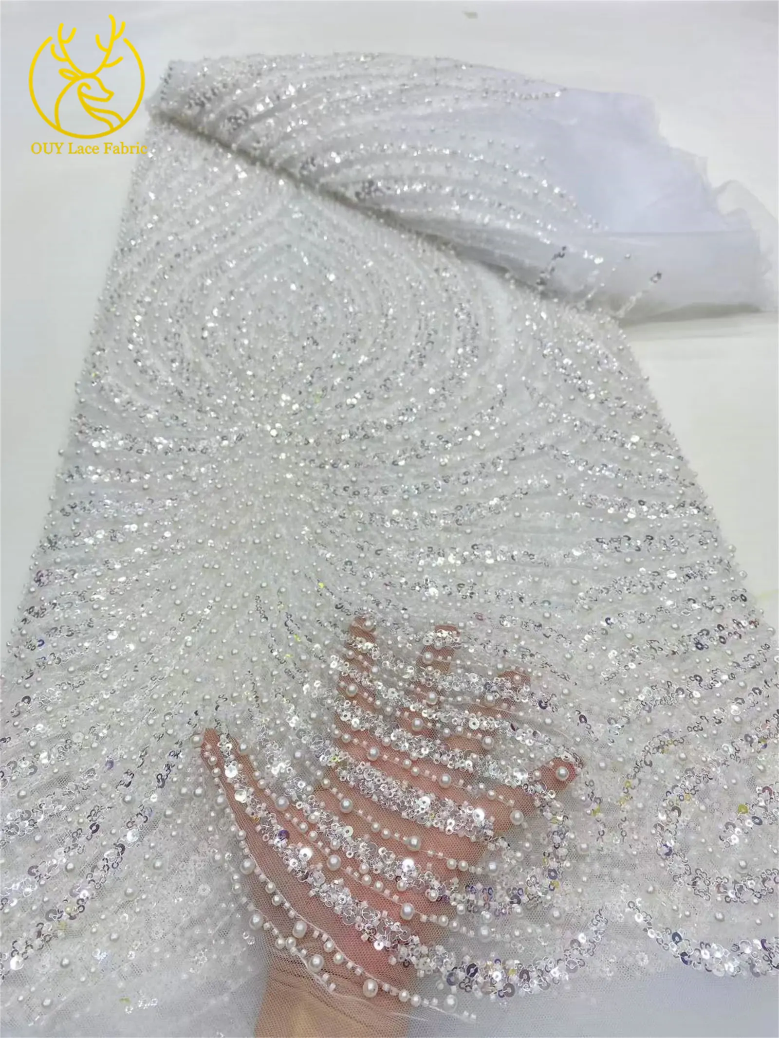 アフリカレース生地 2025 高品質ハンドメイドビーズウェディングレース生地 高級フレンチスパンコールチュール生地 パーティードレス