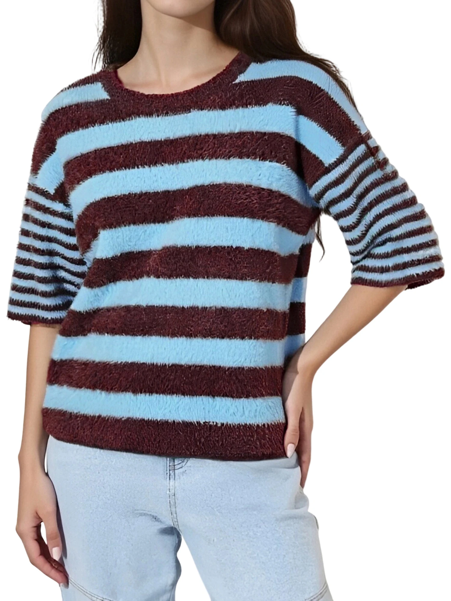 

Women s Autumn Winter Knit Sweaters Half Sleeve Round Neck Striped Knitwear Tops