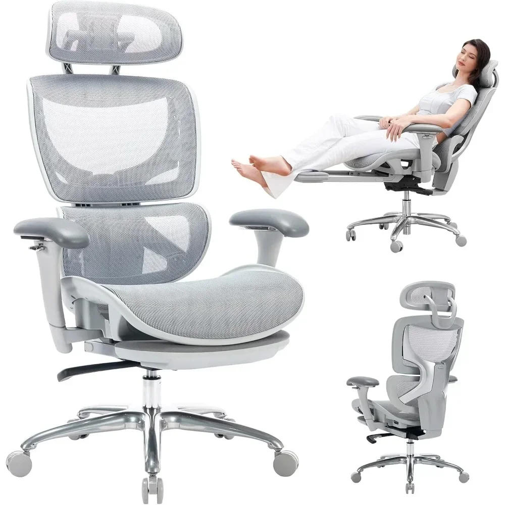 Silla ergonómica de oficina de malla con reposapiés, silla ejecutiva de escritorio de ordenador de espalda alta con reposacabezas ancho y brazos 3D ajustables