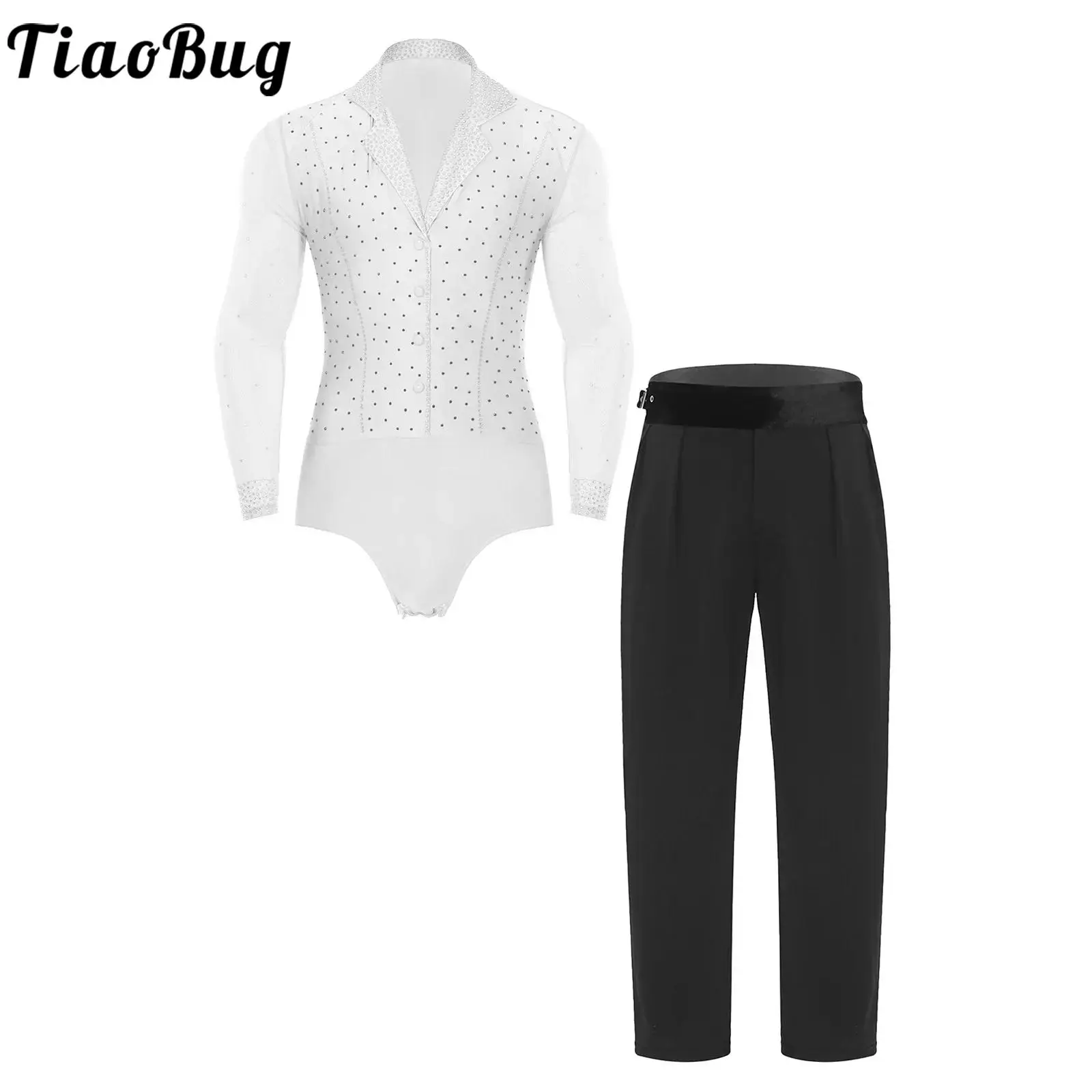 メンズ ツーピース リリカル ラテン タンゴ ダンス衣装 シアーメッシュ スパンコール ボディスーツとロングパンツセット ワルツ サルサ ダンスコスチューム用