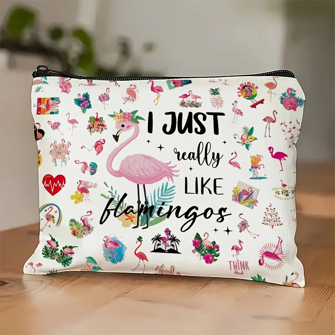 Flamingo-themed Makeup Bag Cute Travel Cosmetic Pouch Zipper for Vacations Workouts, Camping Polyester Fabric Flamingo Decor