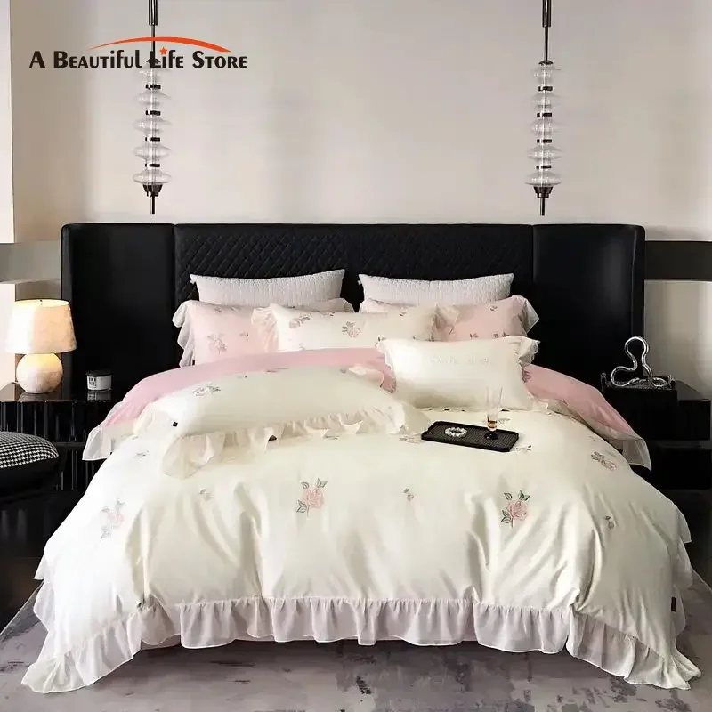 

Rose Flowers Embroidery Lace Ruffles Princess Wedding Bedding Set 100% Cotton Duvet Cover Set Flat/Fitted Bed Sheet Pillowcases