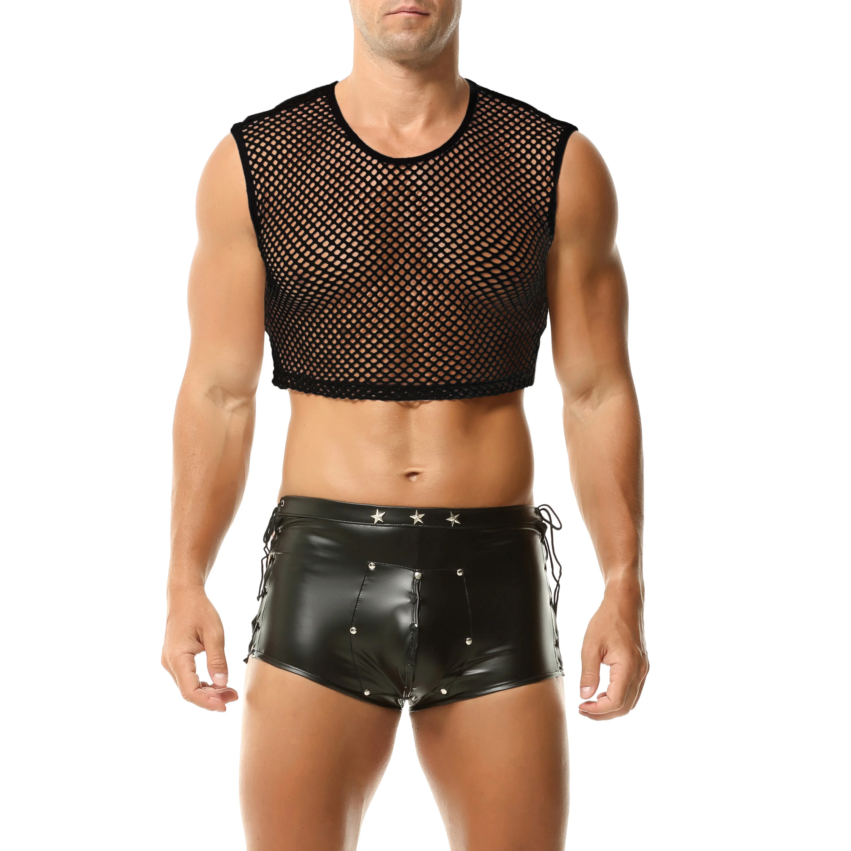 Men's Transparent Fishnet Crop Top With PU Leather Shorts Male Dance Nightclub Set Sexy Mesh Hollow Out Tank Tops Gym Sport Vest