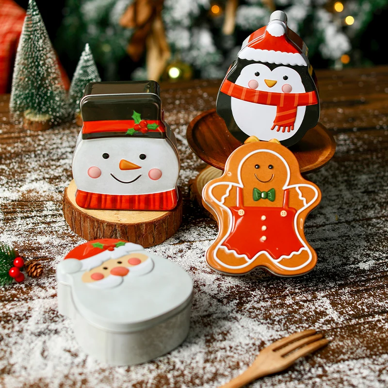 Christmas Shaped Iron Can Gingerbread Man Santa Claus Cartoon Iron Box Tinplate Biscuit Packaging Box  Christmas Gift Bags