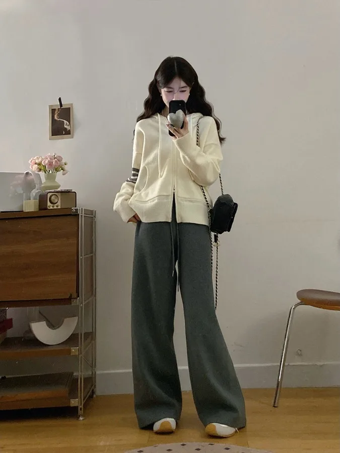 

plus Size Casual Knitted Set with Hooded Wide Leg Pants Autumn Winter New Style Korean Style Fashionable Two-Piece Suit
