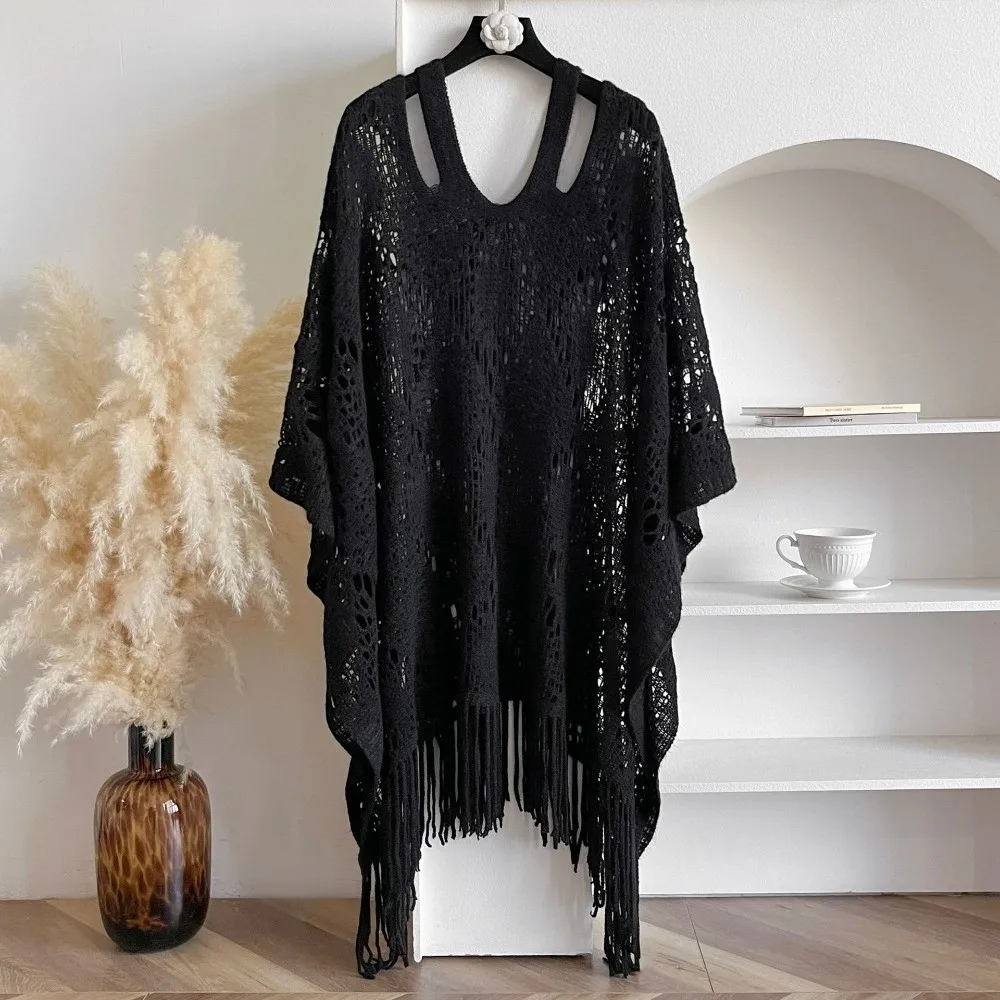 

Пляжная накидка-шаль в богемном стиле для женщин, больших размеров, с защитой от солнца, вязаная, ажурная, с бахромой, свободного кроя, летняя