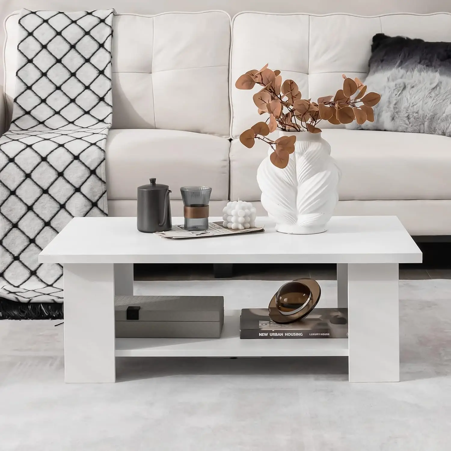 2-Tier Coffee Table, Modern Rectangular Center Cocktail Table with 5 Support Legs, Wooden Accent Living Room Furniture