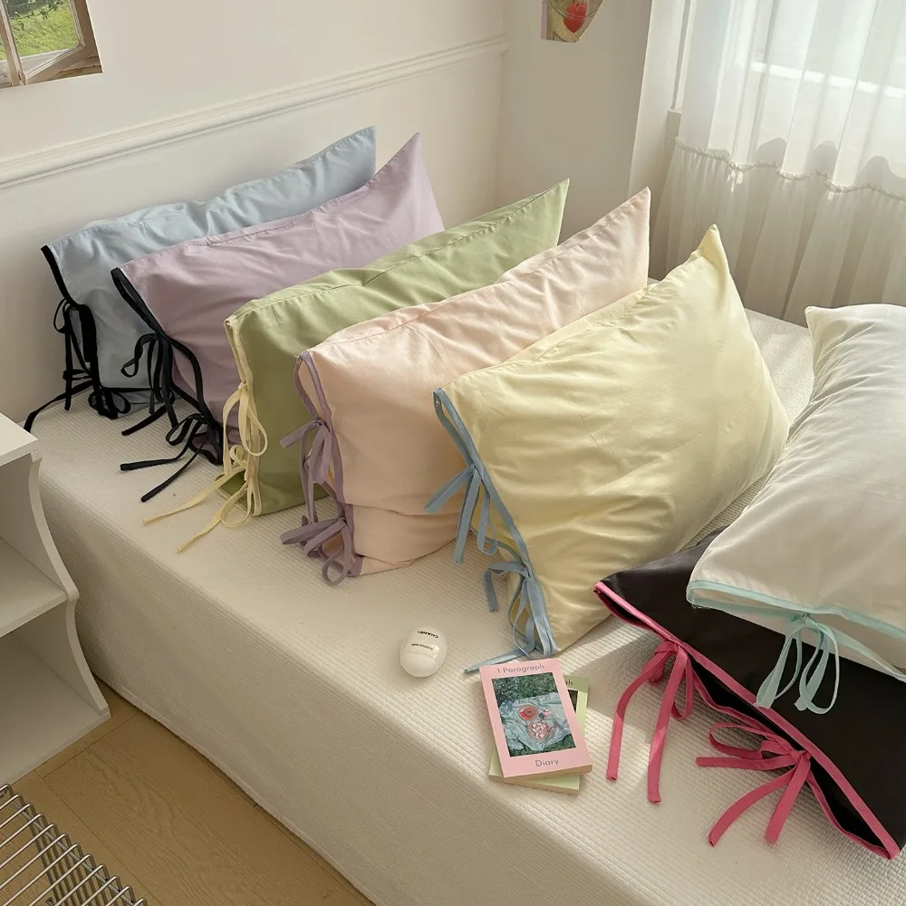 

2PCS Solid Color Bow Pillow Cover Soft Nordic Style Cotton Pillowcases Washable Breathable Cushion Covers Bedroom Accessories