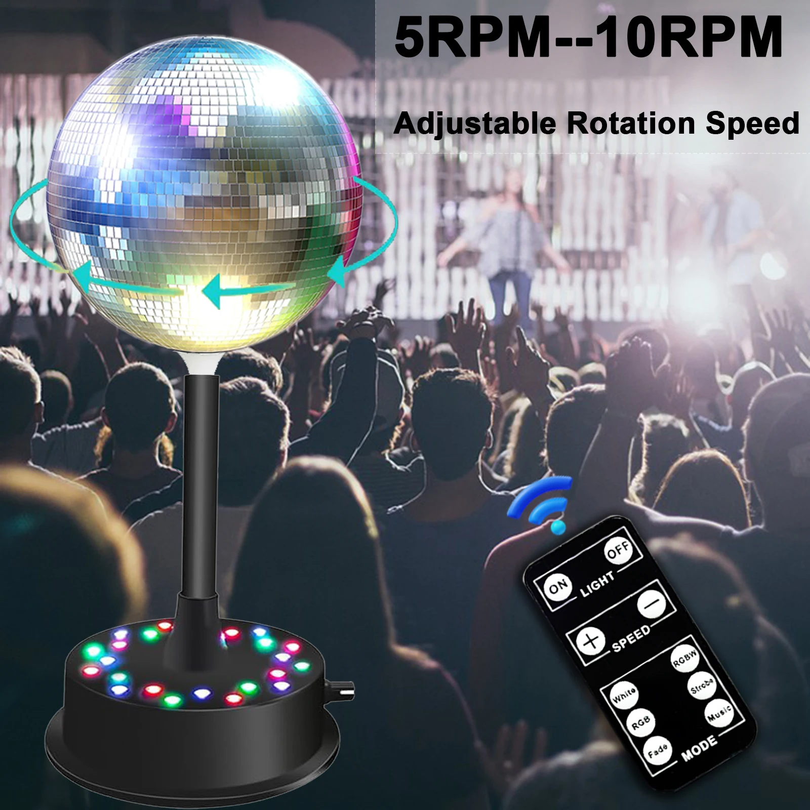 كرة مرايا مع جهاز تحكم عن بعد، 23 RGBW LED محرك دوار قابل للتعديل 5-10 دورة في الدقيقة مع كرة مرآة فضية 6 بوصة