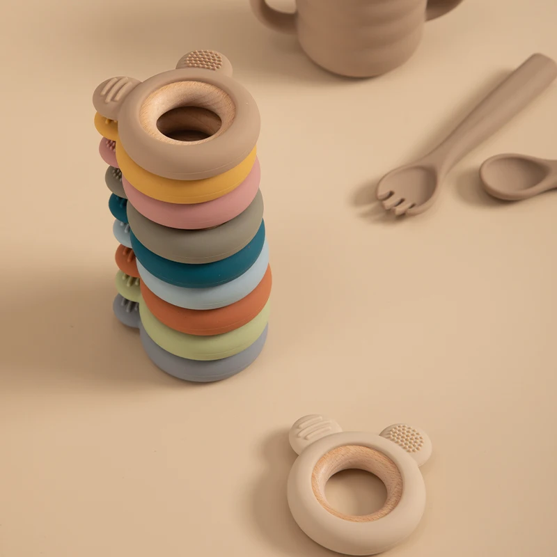 1PC Baby Silikon Holz Beißring Ring Nette Bär Infant Pflege Zahnen Spielzeug Neugeborenen Gesundheit Pflege Kauen Spielzeug Baby Zubehör – Detail 3