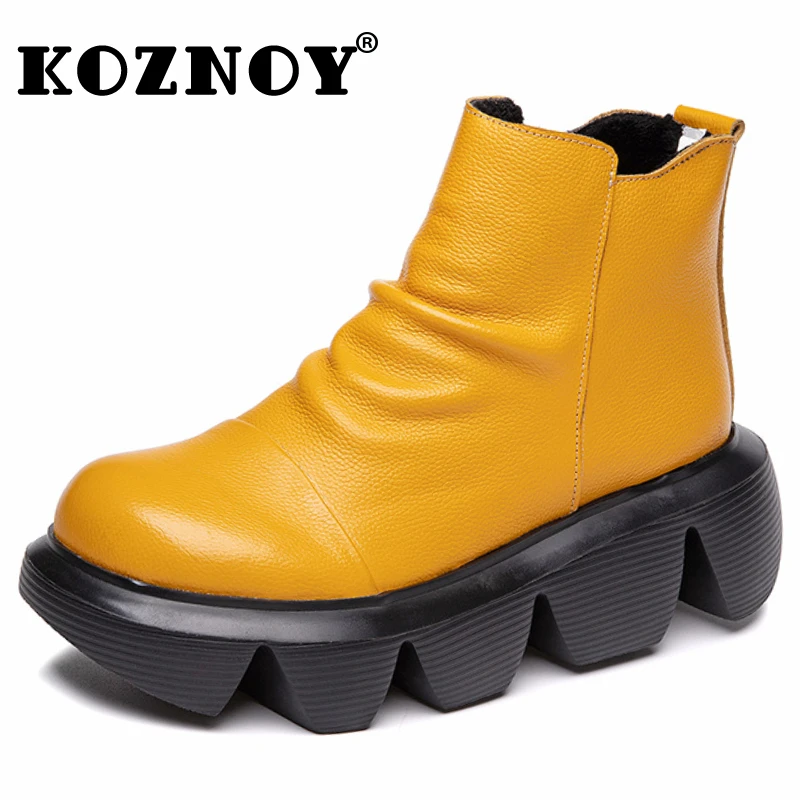 

Koznoy 6cm 2024 Cow Genuine Leather Warm Booties Spring Winter Plush Women ZIP Autumn Platform Wedge Ankle Rubber Big Size Shoes