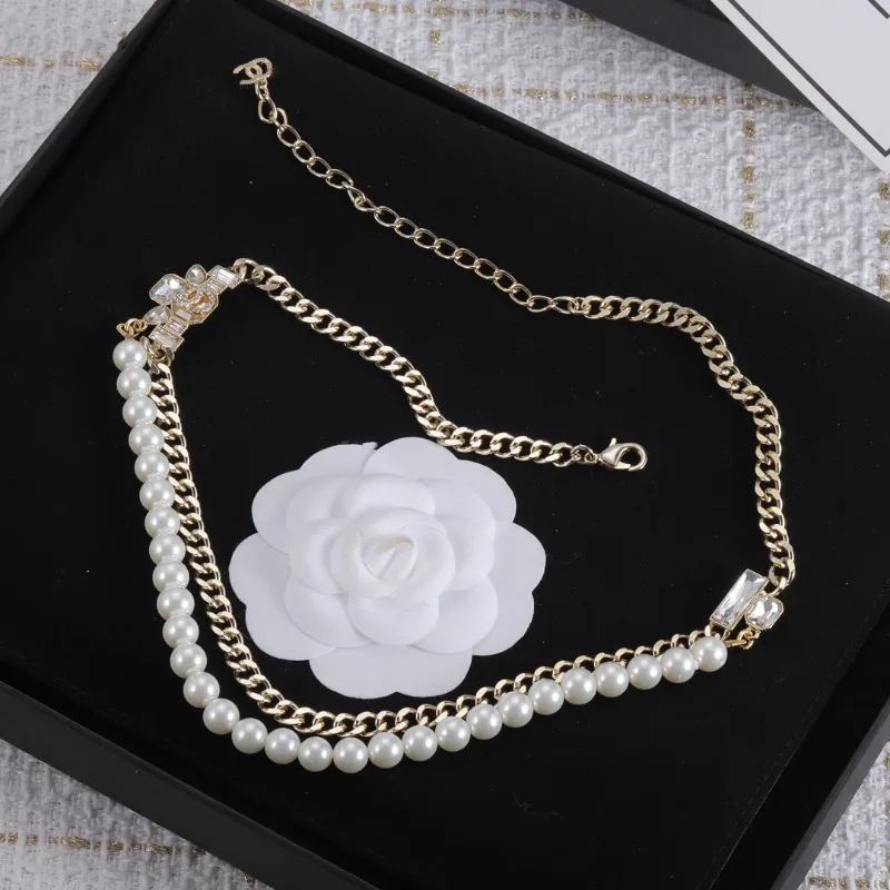 الكلاسيكية مزدوجة C سلسلة مايكرو مطعمة مكعب السكر الصغيرة الربط اللؤلؤ طبقة مزدوجة الترقوة سلسلة عصرية شخصية الرقبة