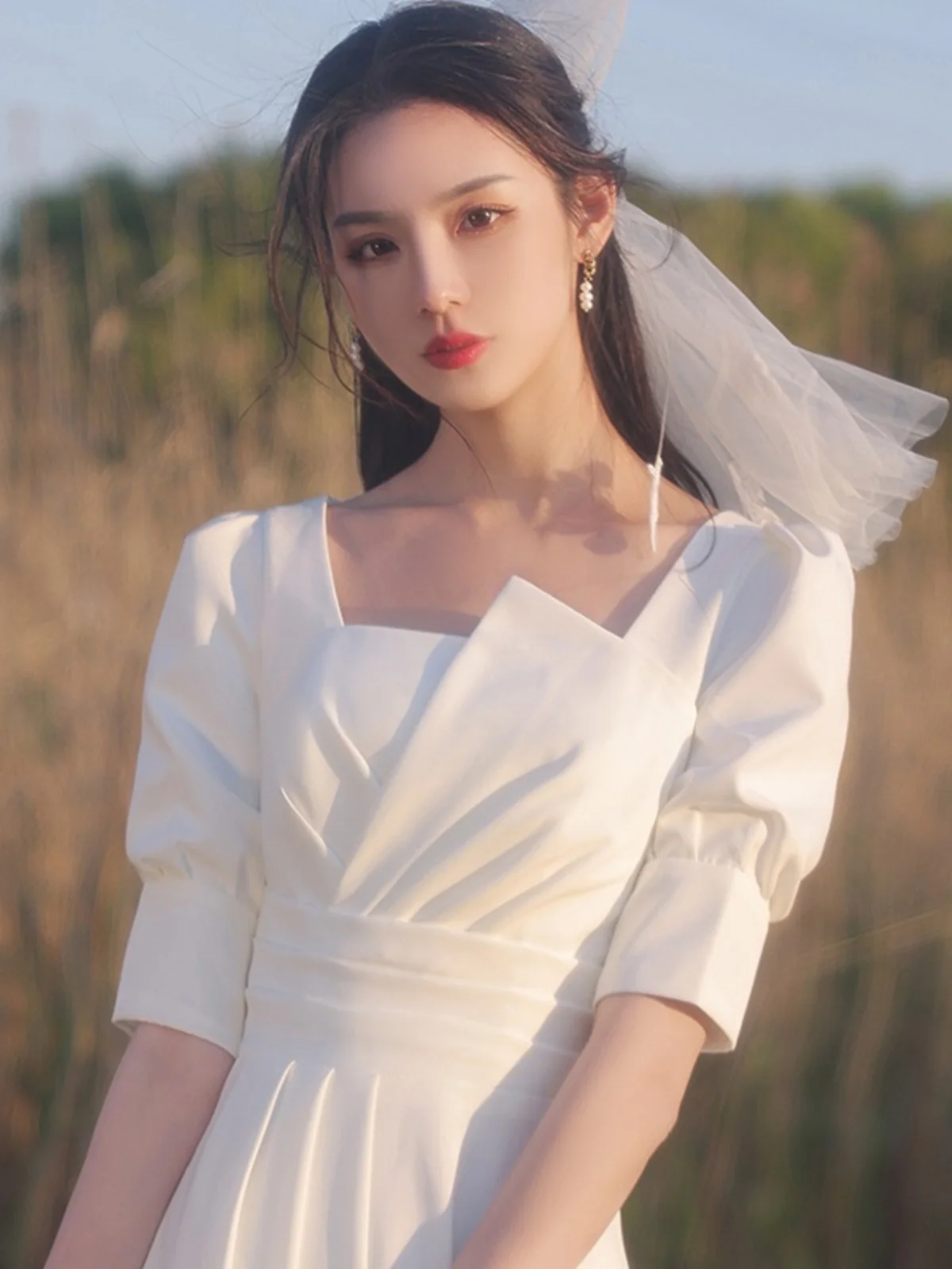 

White Wedding Dress Ceremony Sensation Short Sleeve A-Line Skirt French Style Polyester Fabric Summer Dress for Women