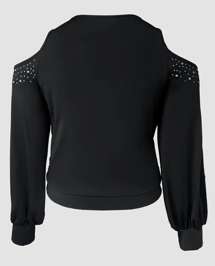 Women's Top Autumn 2025 Plus Size Rhinestone Decor Cowl Neck Lantern Sleeve Blouse Casual Cold Shoulder Top with Mesh Lining