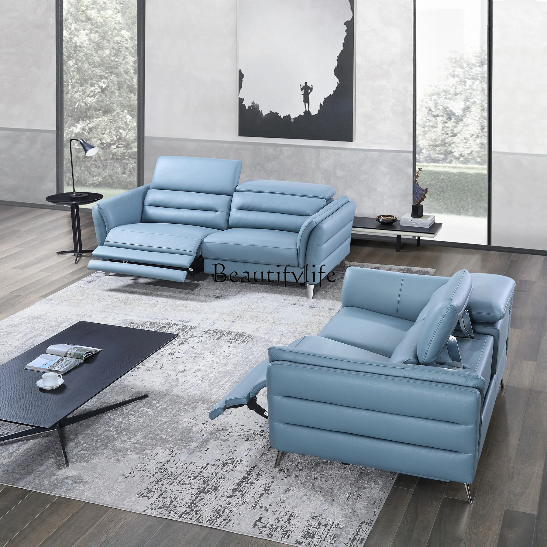 

01 First layer real cowhide electric multi-functional sofa straight row combination light luxury living room leather sofa