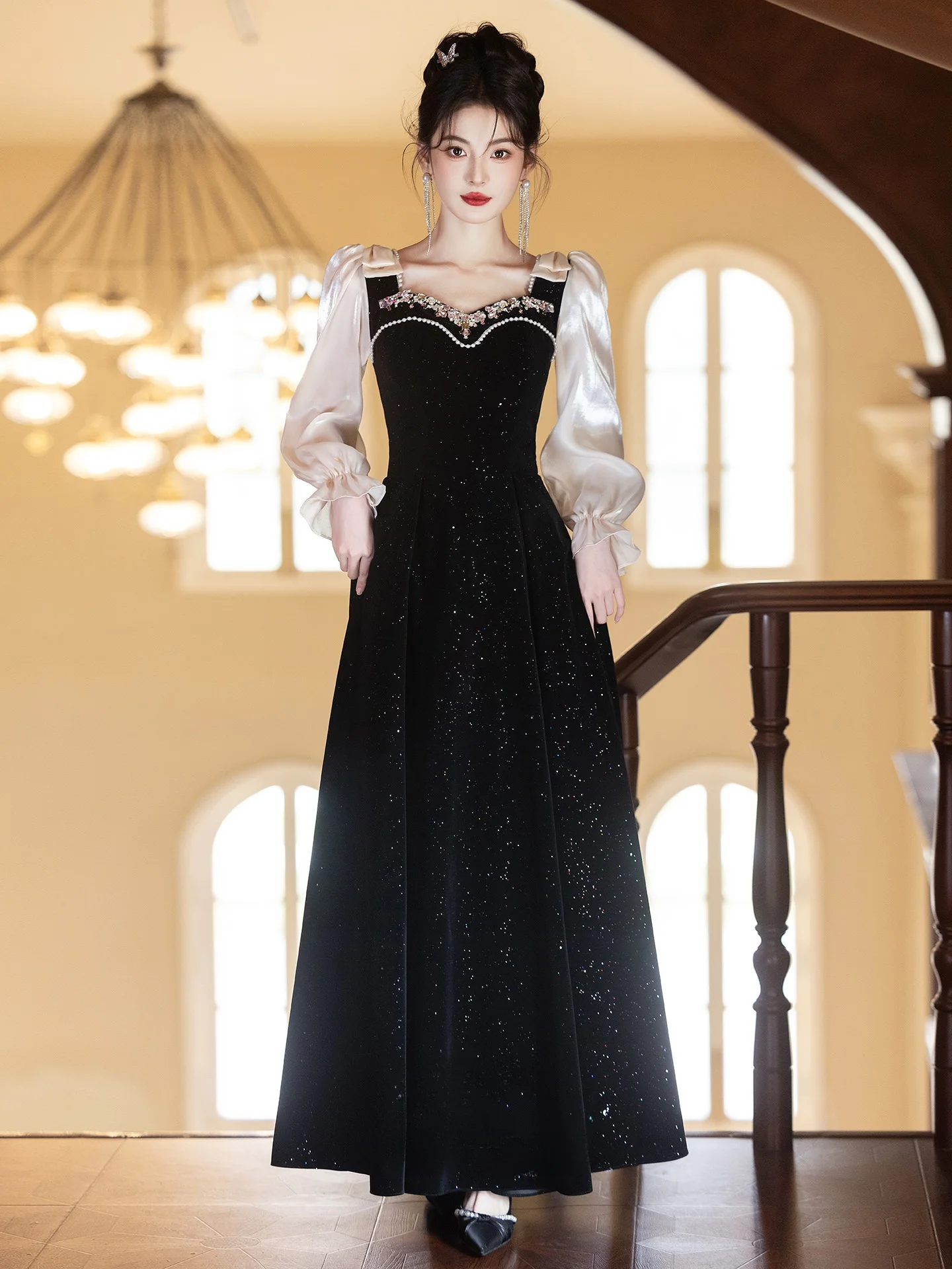 

Ele Evening Gown Women's Faionable Luxury Dr Pearl Embellied Mid-Waist Long Sve Floor-Length for Important Occa...