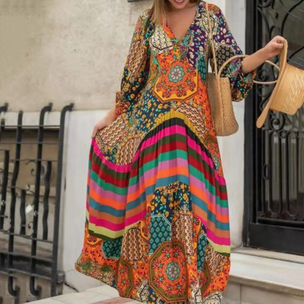 Maxi Dress Fashion Summer Ethnic Print Pattern Oversized Long Dress Anti-pilling Vacation Dress