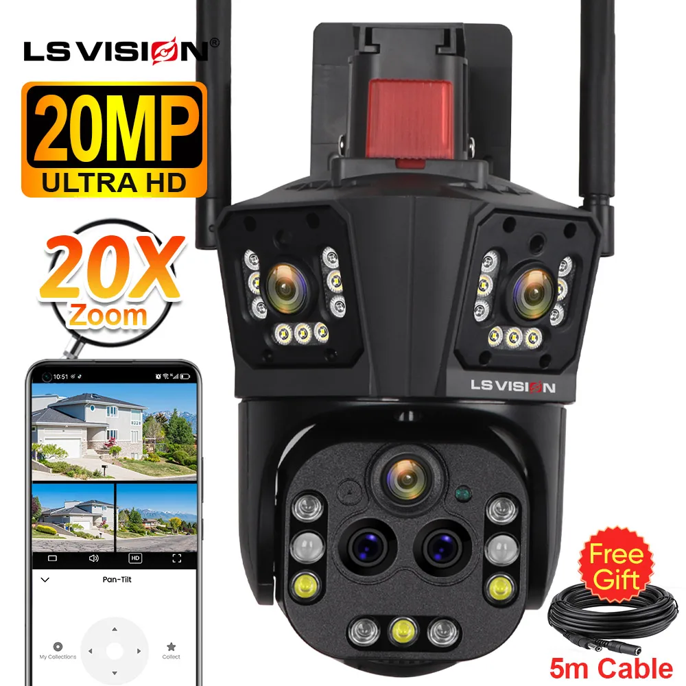 LS VISION 10K 20MP WiFi IP Camera Outdoor Three Screens Five Lens 20X Zoom 6K PTZ Auto Tracking Waterproof Home Security Cameras