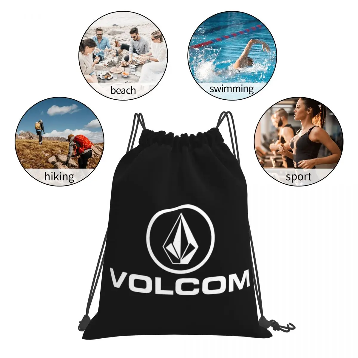 Volcom White Circle Logo Mochilas, Sacos De Cordão, Bundle Pocket, Sacos De Livros De Esportes para Viagem, Escola, Melhor, Texto Simples