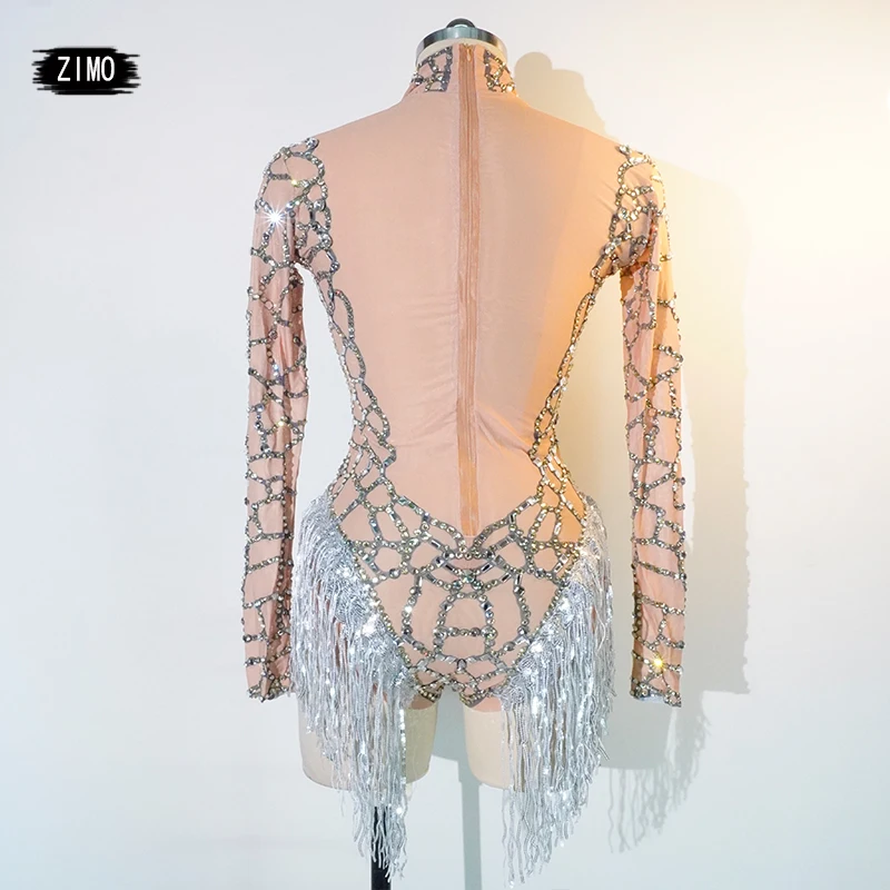 Sparkly Rhinestones Tassel Bodysuit sexy club outfit for womens long sleeve jumpsuits Nightclub Show Dance Costume pole Bar