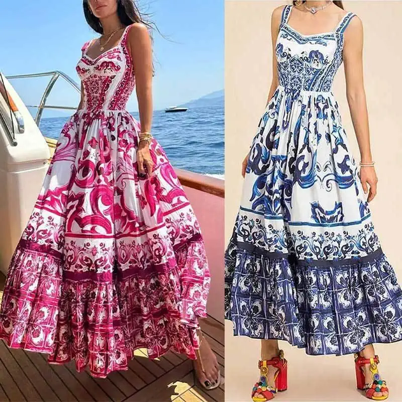 

Personality Printing A-line Swing Dress For Women Sleeveless Summer Female New Slim Suspender fold Dresses Mujer Robe Clothes