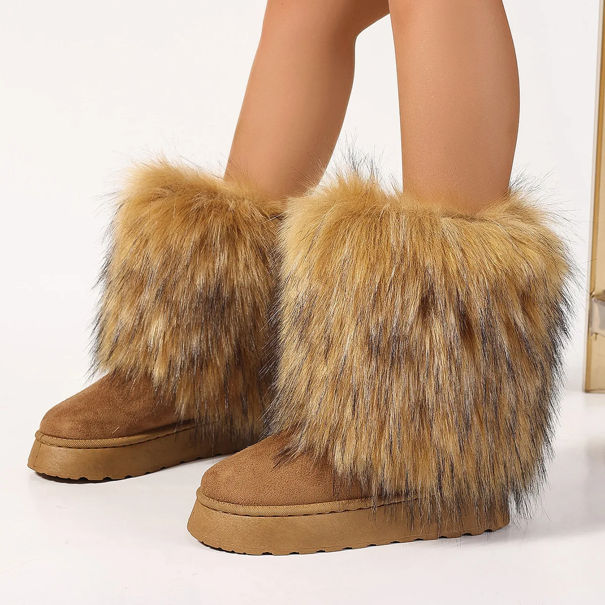 Winter Women Fur Boots Faux Fur Snow Boots Warm Short Plush Lining Fluffy Fashion Furry Shoes Woman Ankle Boots Suede Leather