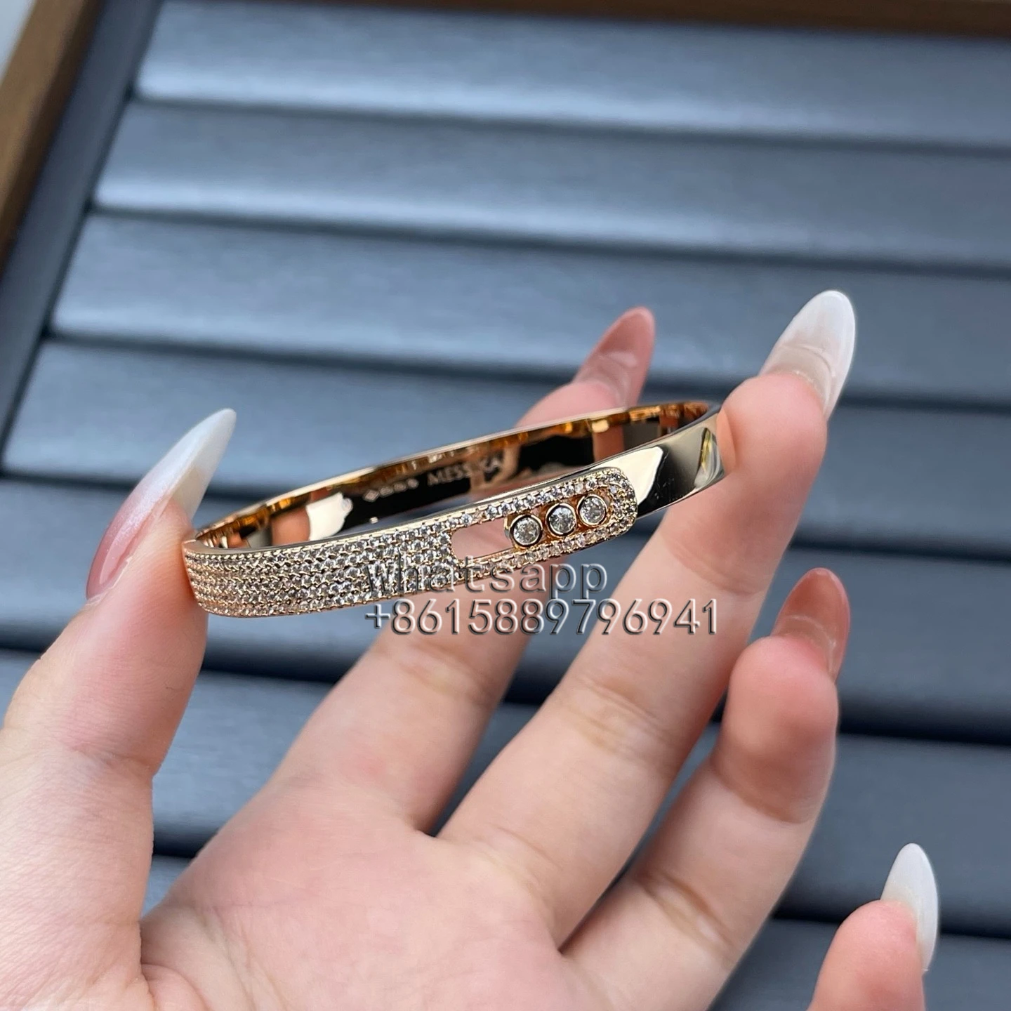 Rose Gold Brushed Bangle Bracelet, Three Floating Stones Oval Slider Cuff image 3