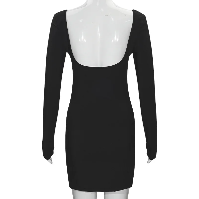 YUZHEXI Sukienka mini z dekoltem w kształcie litery U, z długim rękawem, wycięciem z przodu, damska, obcisła, krótka, czarna