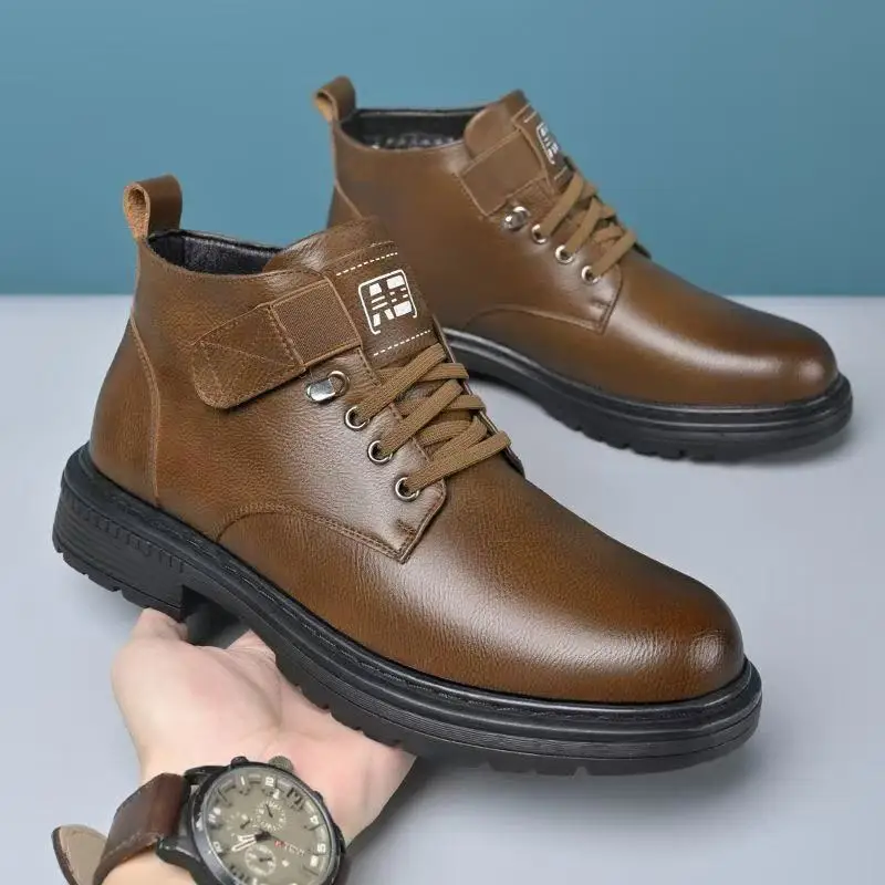 Men's boots 2025 winter men's leather shoes with thick velvet insulation cotton shoes casual shoes men's shoes