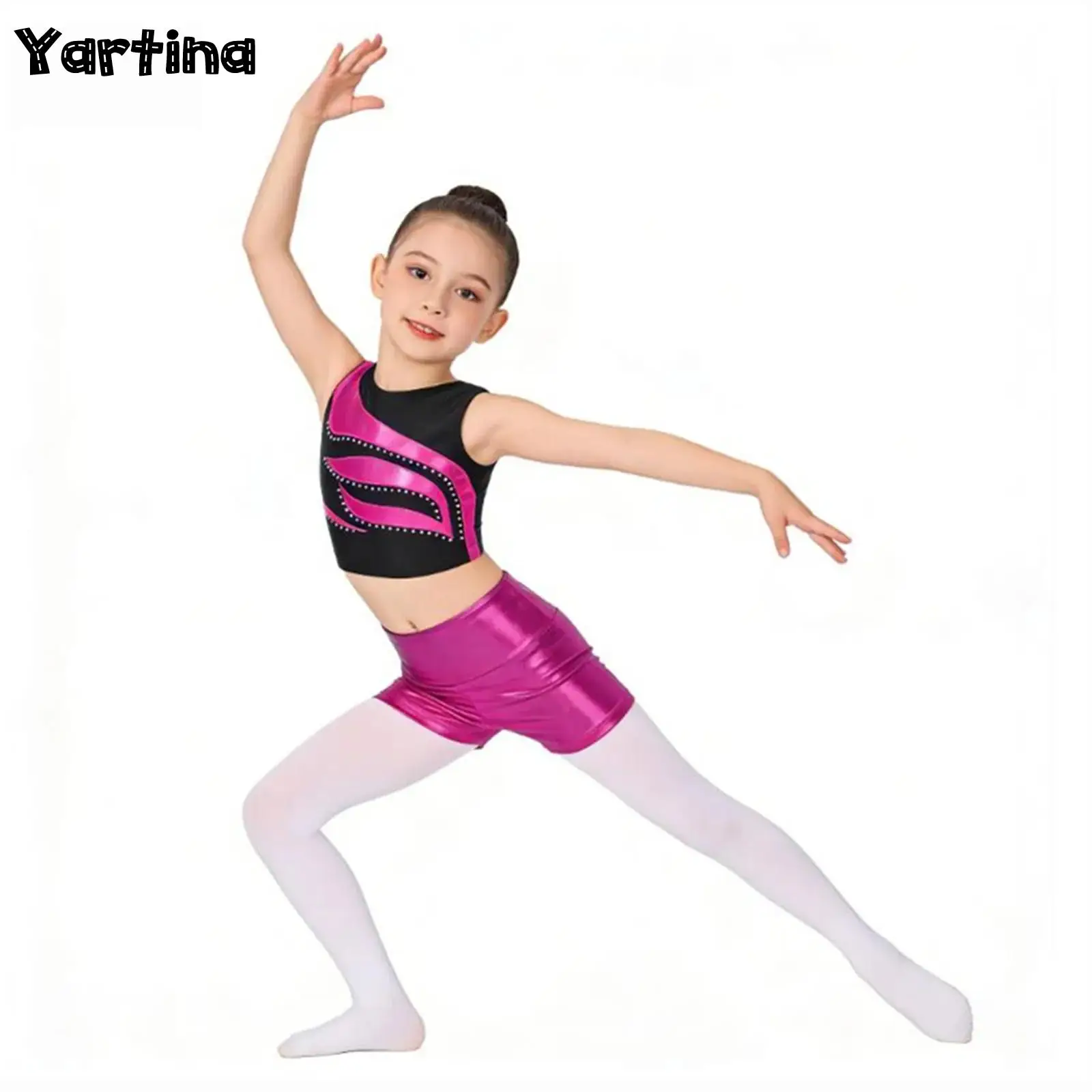 

Kids Girls Metallic Gymnastic Ballet Jazz Dance Outfits Round Neckline Shiny Rhinestone Crop Top with High Waist Shorts