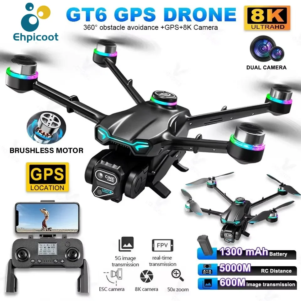 

GT6 GPS Professional RC Drone Aerial Photography 8K HD Camera 5G FPV Brushless Motor Obstacle Avoidance Quadcopter Dron Toy