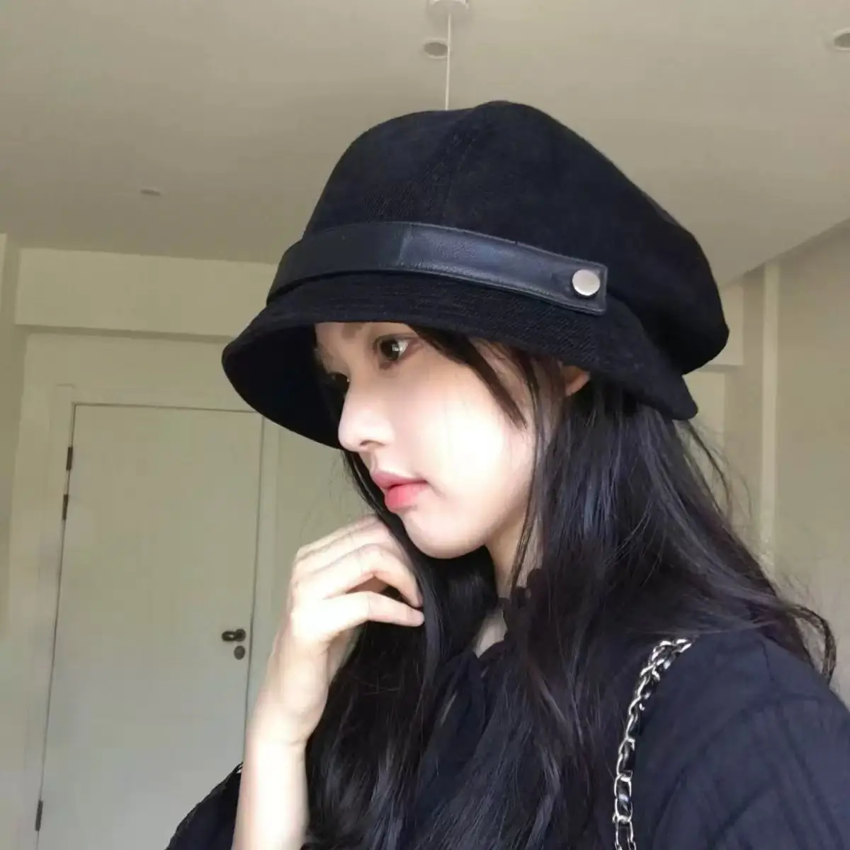Women Corduroy Bucket Hat Vintage Fisherman Cap with PU Leather Strap Metal Button Casual Adjustable Face Slimming Autumn Cap