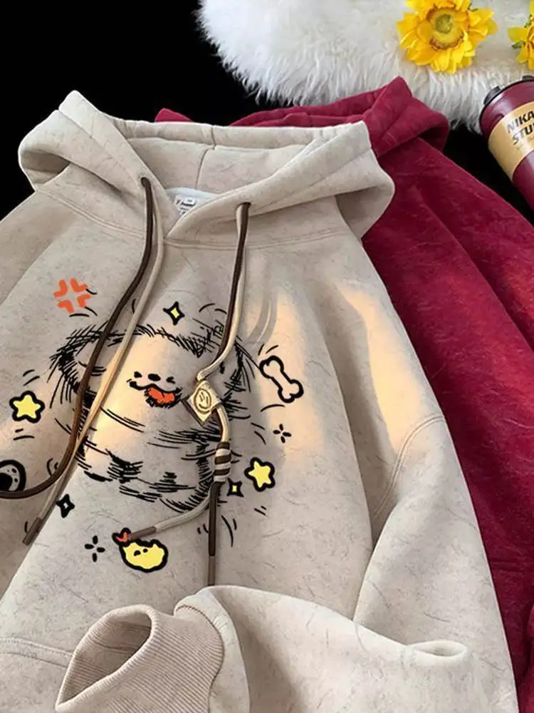 

plus Size Women's Fce Lined Printed Sweatirt Loose Fit Autumn Winter Faionable Slimming Top American Retro Design