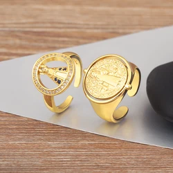 Nidin New Popular 2 Styles Religious Flipable Open Rings Adjustable For Female Male Copper Inlaid Zircon Finger Jewelry Gifts