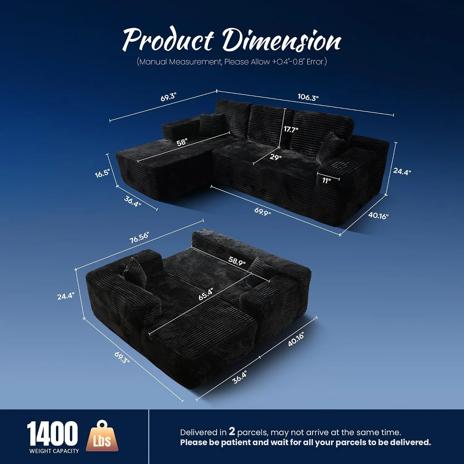 Cloud Sectional Sofa Modular L Shaped Chaise Plush Fur Memory Foam No Assembly Living Room, Customized