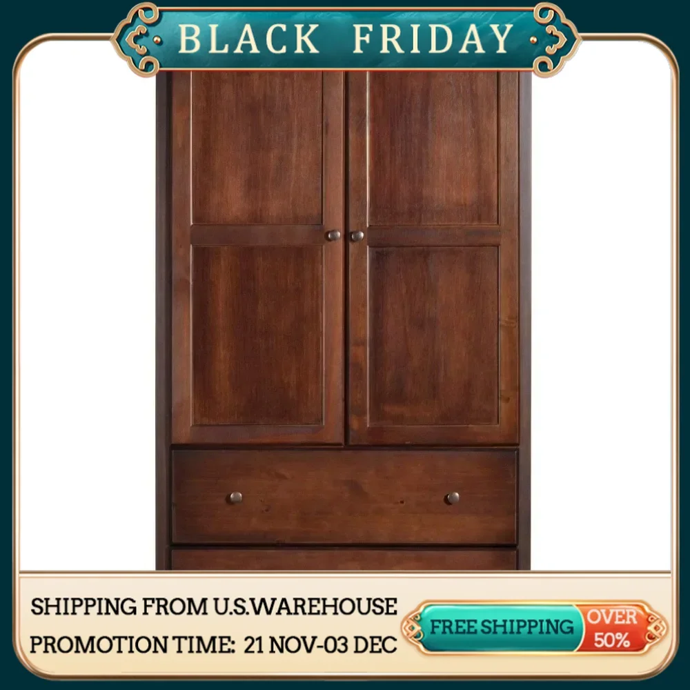 Grain Wood Furniture Shaker 2-Door Wardrobe, Solid Wood with Cherry Finish