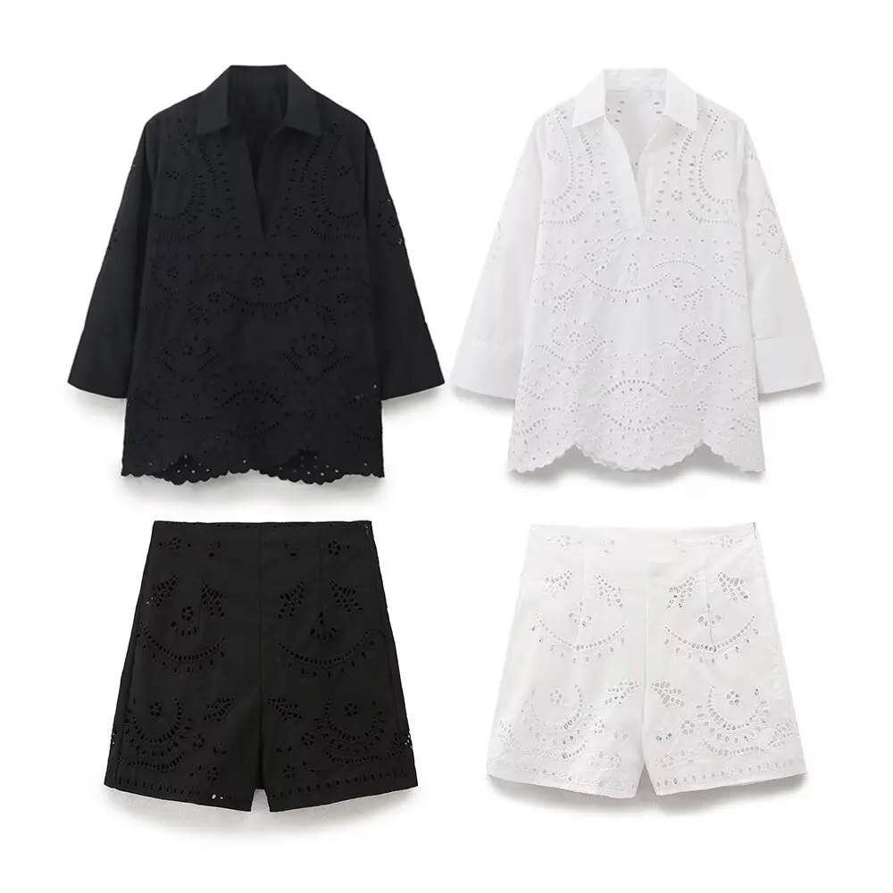 

Women's new fashion loose casual versatile hollow embroidery shirt retro long sleeved women's shirt chic top+Shorts Women's suit