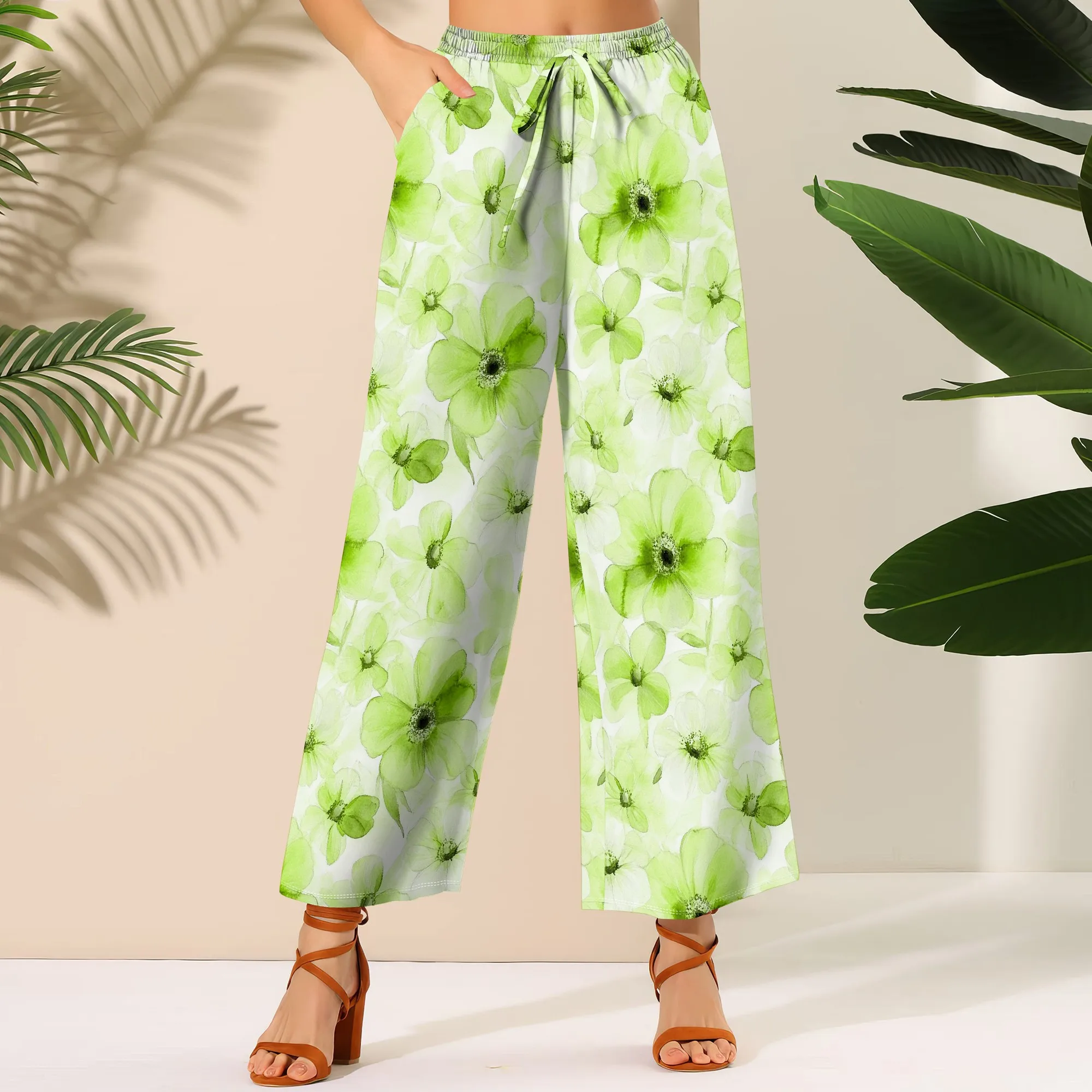 

Women's Wide Leg Ankle-Length Pants Flower Print Casual Elastic Loose Breathable for Beach Vacation Picnic Shopping