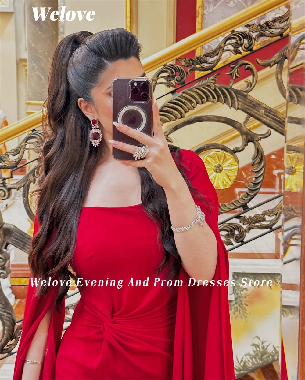 Welove Red Square Collar Evening Dresses Pleated فساتين للحفلات الراقصة New 2023 Cape Sleeves Straight فساتين مناسبة رسمية