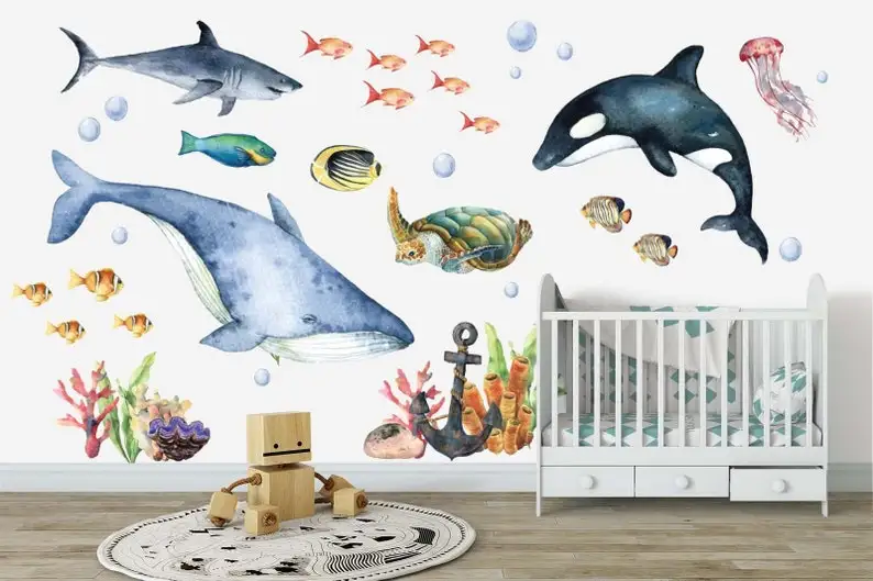 Ocean Animals wall decal set, nursery sticker set, dolphin, whale shark turtle watercolor peel and stick!