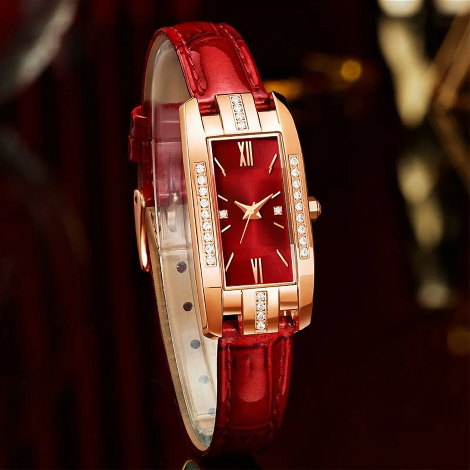 3PCS Elegant Women PU Leather Strap Watch Set, Popular Rhinestone Inlaid Fashion Ladies Watch Set