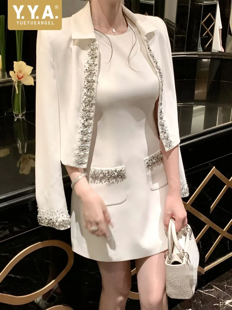 Banquet Fashion Women Luxury Diamonds Solid Color Lapel Short Jacket High Waist A Line Tank Dress Elegant Ladies Two Piece Set