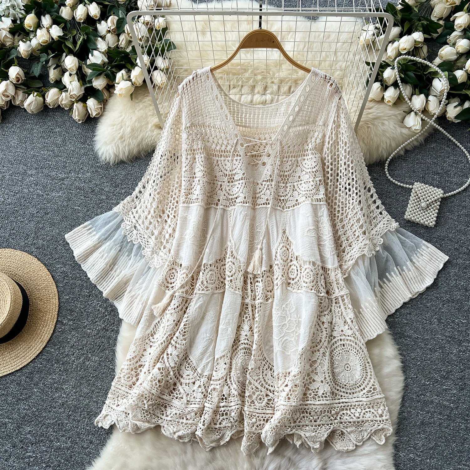 

2025 Spring And Autumn Seaside Holiday Dress Women's New Bohemian Strap V-Neck Trumpet Sleeve Hollow Knitted Beach Short Dress