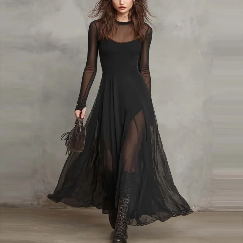 Schwarzes Transparentes Mesh-Maxikleid für Damen Frühling Sommer Gotischer Stil Langarm A-Linie Fließendes Kleid Abendparty Ballkleid Vestido