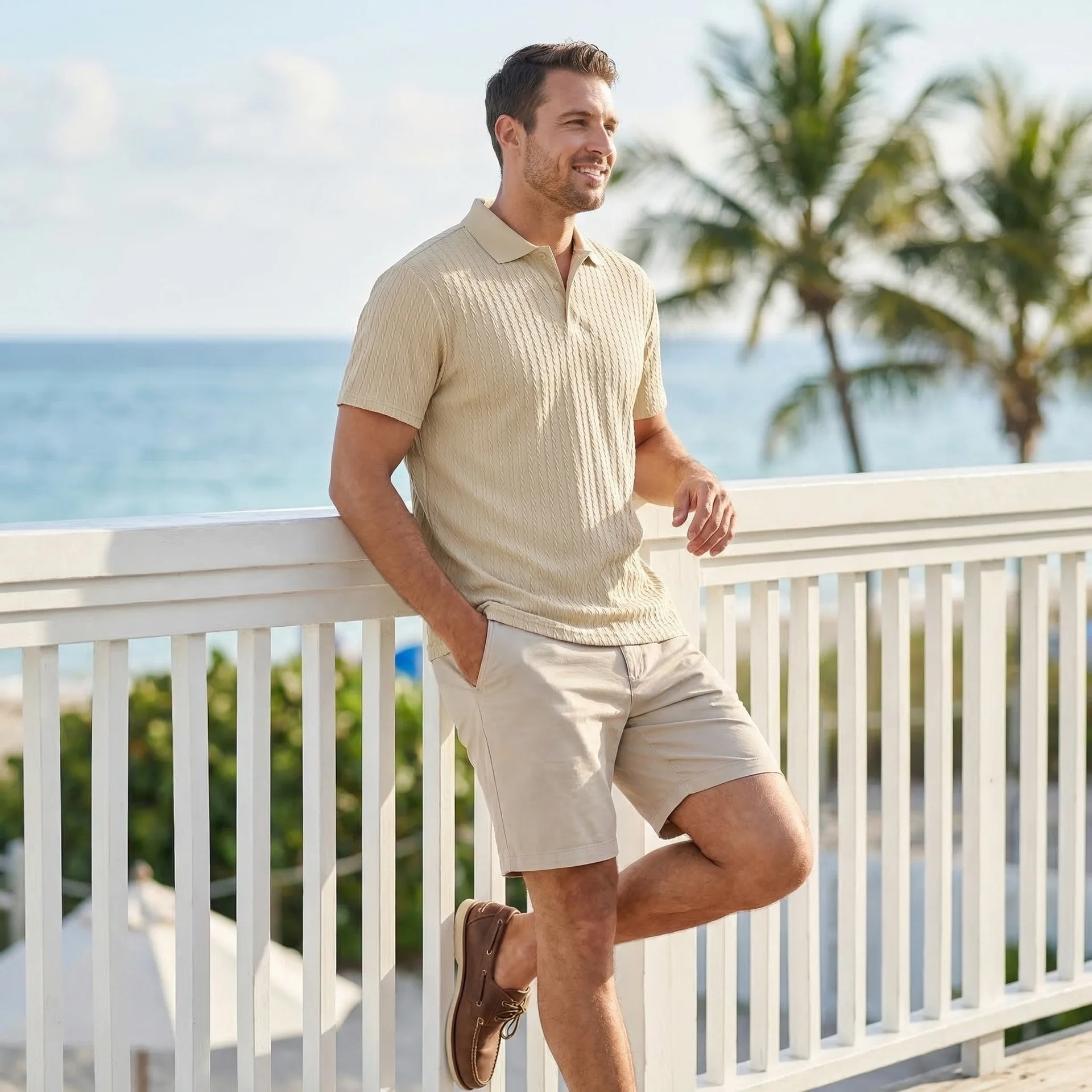 Europäisches und amerikanisches Sommer-Herren-Polohemd mit lockerem Jacquard-Strickmuster, geknöpft, kurzärmelig, auf Lager – Detail 6