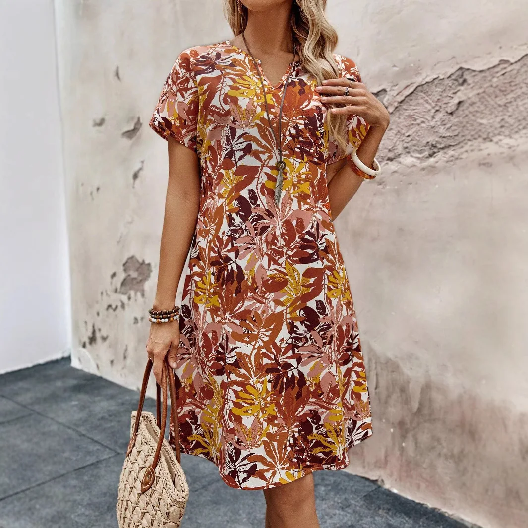 Floral Print Dress With Summer Floral Print Notch Collar Fashionable And Casual Short Sleeved V-neck A-line Dress For Women