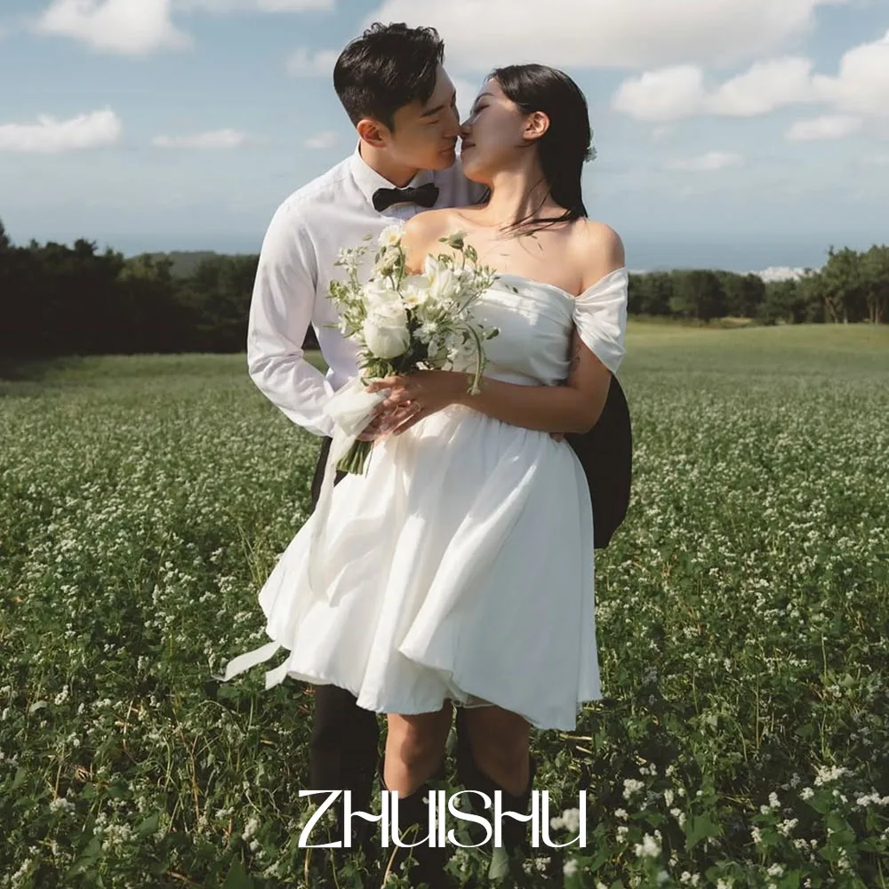 

ZHUISHU Mini Korean Wedding Dresses Off the Shoulder Short Bride's Party Dress Customized A Line Taffeta Wedding Snap Gown