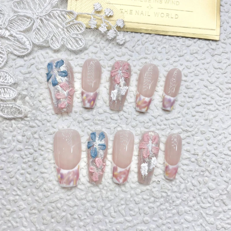 original Handmade  Purple Gentle Hand Painted Flower press on nails Halo Dyed  fake nails high-grade Middle length false nails