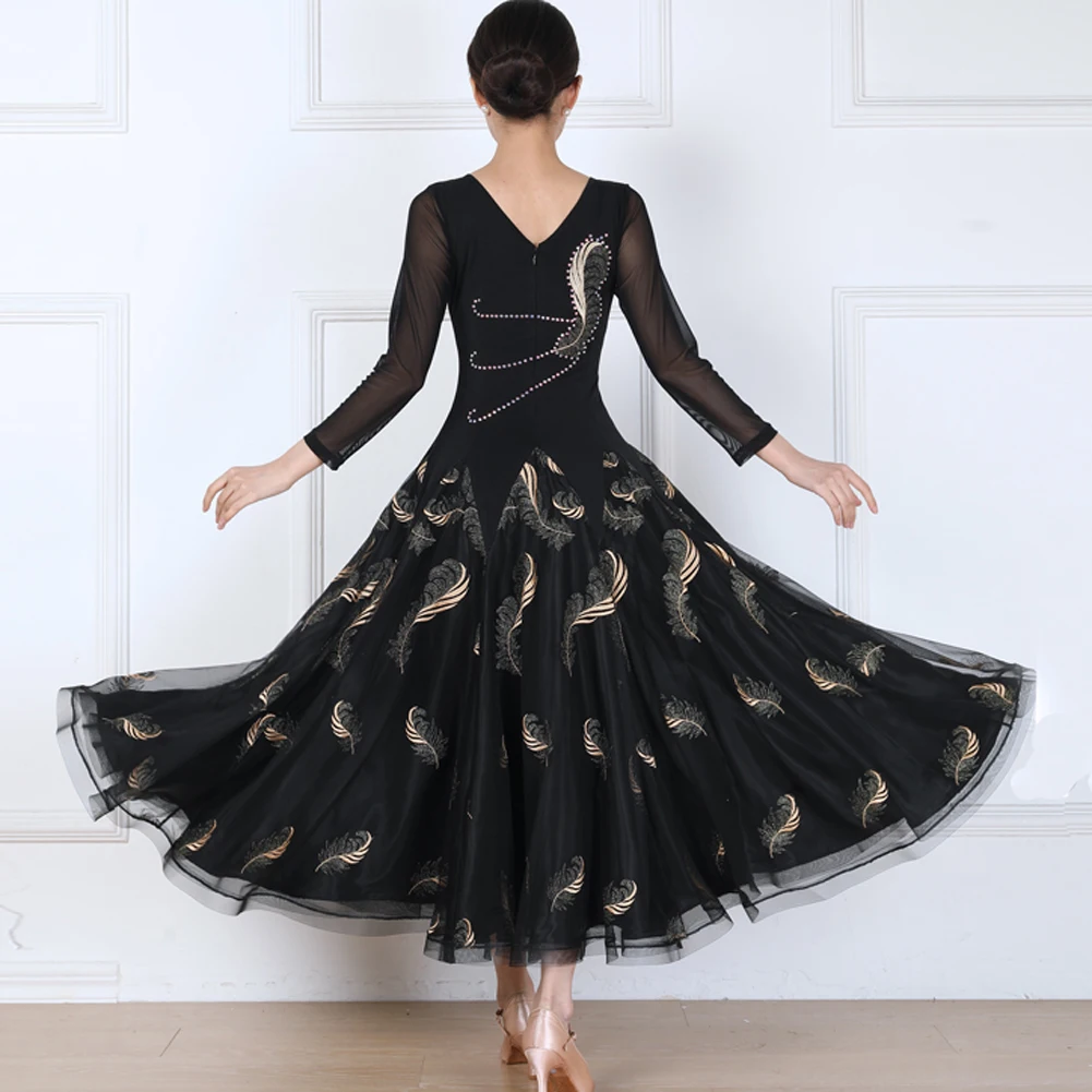 Standard Dance Women Competition Costume V-neck Rhinestone Gauze Flamenco Skirt Ballroom Dance Long Sleeve Practice Clothes